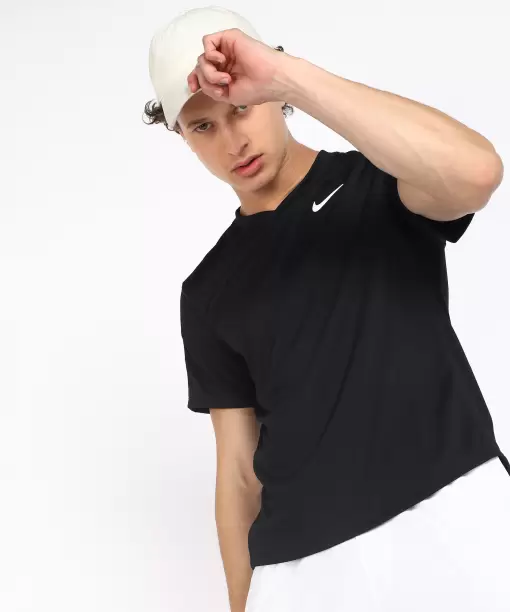 Dri-FIT Men Solid V Neck Polyester Black T-Shirt